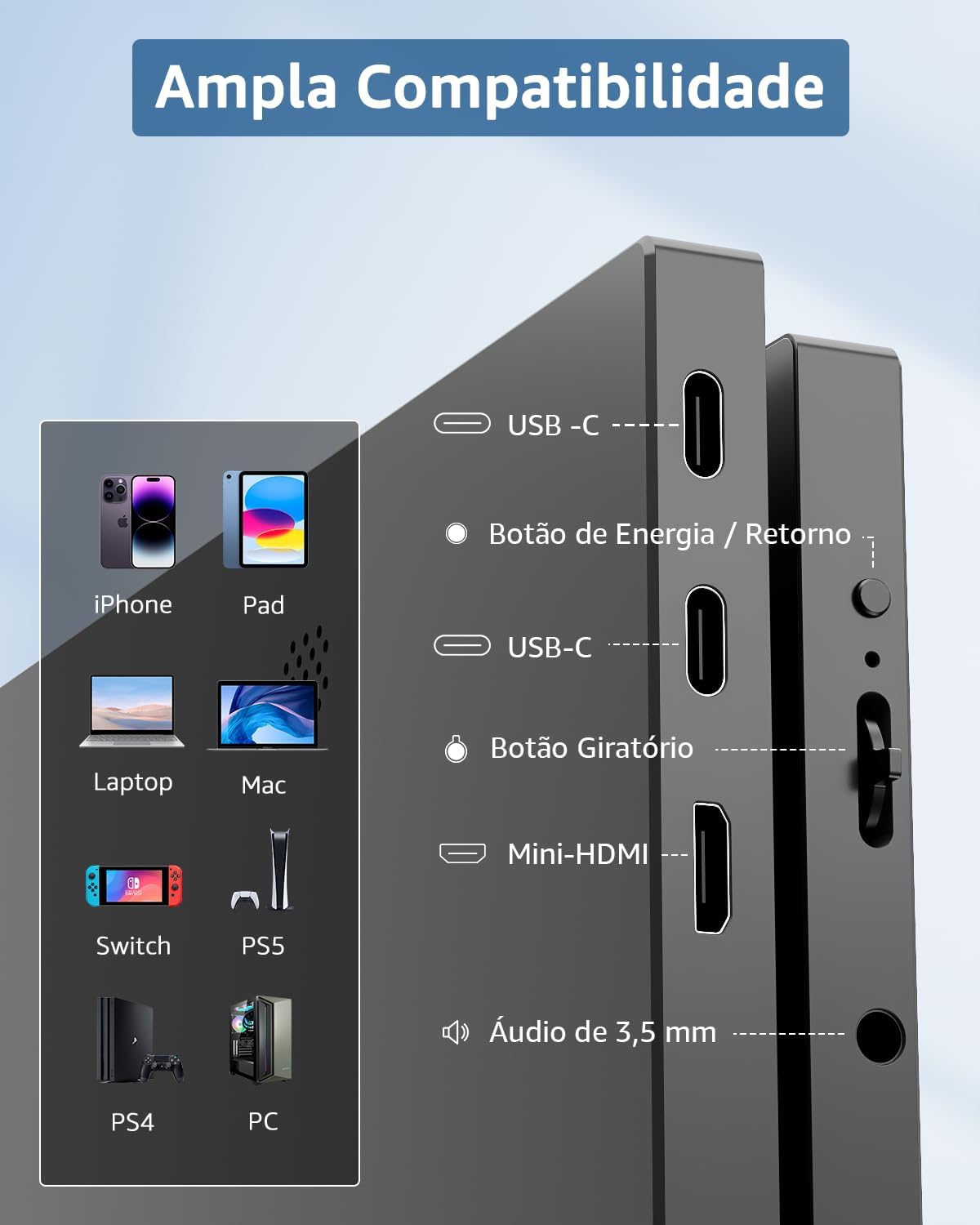 Yodoit Monitor Portátil 15,6" 1080P 100% SRGB FHD Tela com Porta USB Tipo C HDMI com Capa Inteligente Compatível com Laptop, PC, MacBook, Xbox, PS5, Phone: imagem adicional